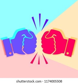 Concept of fierce competition. Flat lay art two hands clenched into fists collide on pink and blue background. 