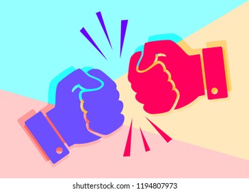 Concept of fierce competition. Flat lay art two hands clenched into fists collide on pink and blue background. 