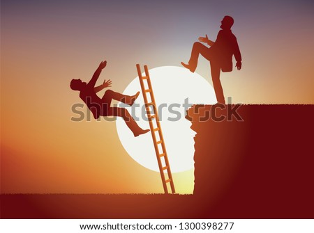 Concept of fierce fight between two men competing for a job in business. The winner prevents his rival from reaching the top by pushing the ladder and throwing him into the void.
