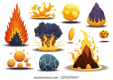 Concept Fiery elements. This flat cartoon design depicts a set of fiery elements and symbols, such as flames, lava, and torches. Vector illustration.