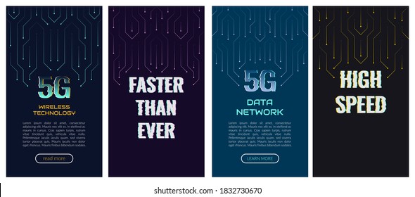 Concepto, redes de quinta generación, nuevas tecnologías, comunicación inalámbrica móvil 5G. Conjunto de vectores de banners abstractos al estilo tecno digital. Fondo azul oscuro con elementos informáticos. Copyspace.