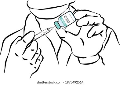 Concept fight against virus covid-19 corona virus, doctor or scientist in laboratory holding a syringe with liquid vaccines for children or older adults, Line art doodle style illustration 