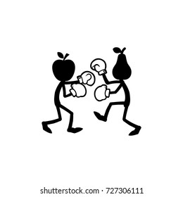Concept of fighting apple and peach as stick-figure. Vector illustration.