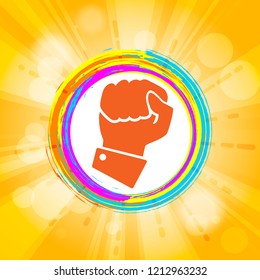 concept of fighting for rights. Flat oprange icon hand compressed in fist in colorful grunge circle brush strokes frame with sunburst and halftone graphic parts behind on orange background