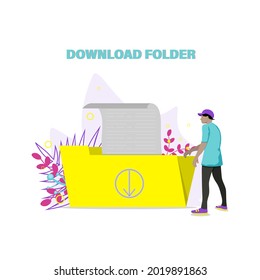 Concept of file download, data storage, cloud computing service, digital information organization. flat vector illustration.