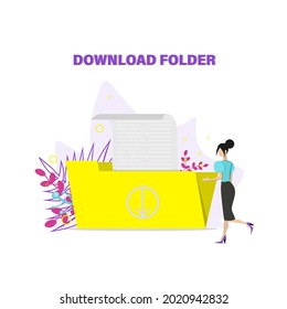 Concepto de descarga de archivos, almacenamiento de datos, servicio de computación en nube, organización de información digital. ilustración vectorial plana.