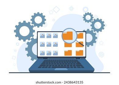 concept of File manager and data storage. file management administration, data archiving concept, folder, gallery, administration. A computer or mobile phone searches and indexes document files.