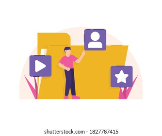concept of file manager, document or archive management, data storage. illustration of a person standing in front of a large folder. account symbol, play or video, and star. flat style. design element