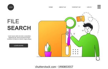 Concept of file search in business company. Vector illustration.  Office worker searching file.  Man uses a magnifying glass.  File binders, a yellow folder with documents. Flat vector outline style. 