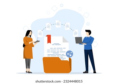 Concepto de uso compartido de archivos, transferencia de datos, transferencia de documentación, servicios en la nube, administración de archivos, administración electrónica de documentos. La gente envía archivos por negocios. Ilustración vectorial en diseño plano.