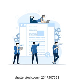 Concepto de uso compartido de archivos, transferencia de datos, transferencia de documentación, servicios en la nube, administración de archivos, administración electrónica de documentos. La gente envía archivos por negocios. Ilustración vectorial en diseño plano.