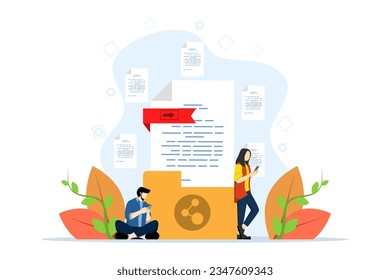 Concepto de uso compartido de archivos, transferencia de datos, transferencia de documentación, servicios en la nube, administración de archivos, administración electrónica de documentos. La gente envía archivos por negocios. Ilustración vectorial en diseño plano.