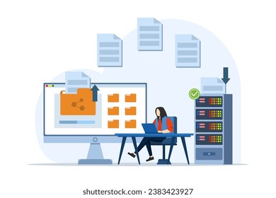 Konzept der Dateiübertragung, Datensicherung, Dokumentenspeicherung, Cloud-Technologie, Upload und Download, Geschäftszeichen, die Dateien zwischen Geräten übertragen, flache Vektorgrafik auf dem Hintergrund.