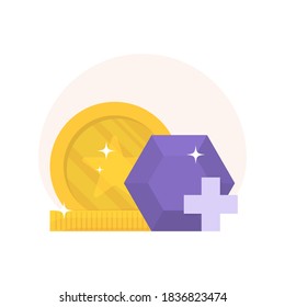 the concept of filling or adding, top up icon. illustration of a diamond or gem, a star coin, and a plus symbol. flat style. design element.
