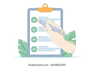 o conceito de preencher um questionário ou inquérito. Conclusão da lista de verificação de opinião da pesquisa ou feedback ou avaliação do formulário do questionário. dando respostas e selecionando respostas.