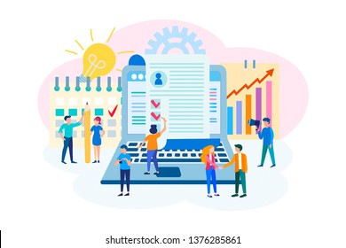 The concept of filling the summary online, characters are preparing a summary, employees are looking for a suitable candidate, the notebook and the summary form online. Vector illustration.