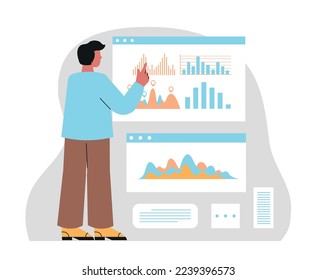 Concept of finance accounting. Young male entrepreneur analyzes financial statistics or corporate budget data. Calculation of income, expenses and profit of company. Cartoon flat vector illustration