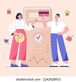 Concept of finance app or online banking. Two people stand with money and card on phone screen background. Flat vector illustration.