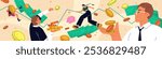Concept of finance business. Businessmen investors earn, take profit from investment on dollar market. Financial literacy, economy, wealth. Rich people with cash money, coins. Flat vector illustration
