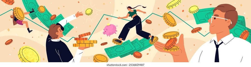 Concept of finance business. Businessmen investors earn, take profit from investment on dollar market. Financial literacy, economy, wealth. Rich people with cash money, coins. Flat vector illustration