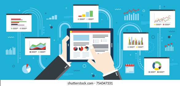 Concepto de planificación de inversiones financieras, análisis Información en forma de gráfico o diagrama con informe de crecimiento sobre dispositivos móviles.  Negocios exitosos. Ilustración vectorial de diseño plano.