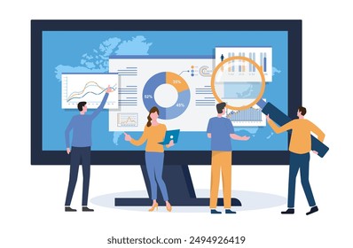 El concepto de estrategia de inversión financiera y el estudio de análisis de datos empresariales se muestran en un monitor de panel de gráfico de informe. Ilustración vectorial eps10