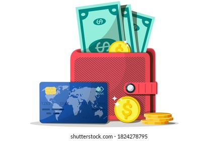 Concept of finance. Wallet with money, dollars and coins, cash, curren, credit card. Wealth concept. Vector illustration 