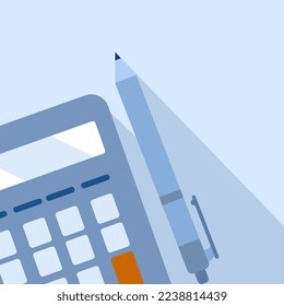 concept of financial activity, accounting, tax calculation or saving and investment, black calculator with pen on blue background, flat vector illustration.