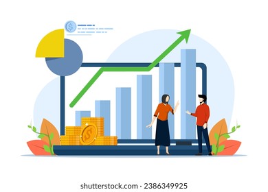 concept of financial analysis, accounting, business meetings and targets, management, company, business team analyzing company finances. vector flat illustration on white background.