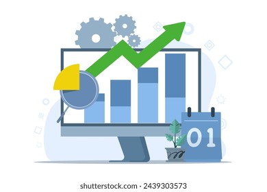 concept of financial analysis, business meetings and targets, management, accounting, company, business team analyzing company finances. vector flat illustration on white background.