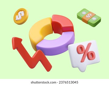 Konzept der Finanzanalyse. 3D-Kuchendiagramm, Münze, Stapel von Banknoten, Geschäftspfeil, Kommentarzeichen mit Prozent. Nachverfolgen von Änderungen, Statistiken, Unternehmenssteuerung