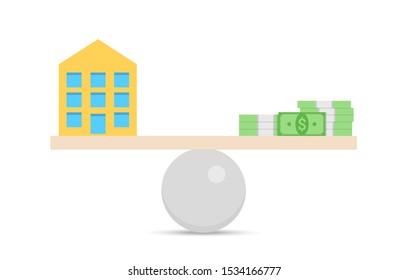 Concept of financial balance with equality of house and money on different sides of seasaw. Isolated vector illustration