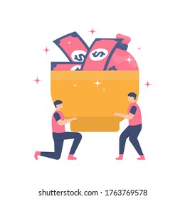 concept of financial business, collecting money, income, raising funds or donating. illustration of a team holding a bowl of money. flat design. .can be used for elements, landing pages, UI, website