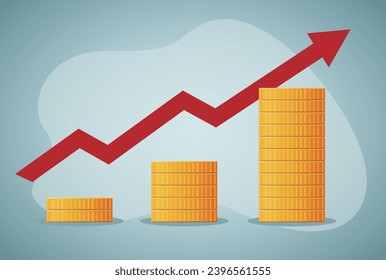 Concept Of Financial Business Plan, Budget, Cost, Revenue Growth Infographic. Increasing Stacks Of Money With Arrow, Growing Graph Icon, Chart Increase Profit, Growth Success Arrow Icon.