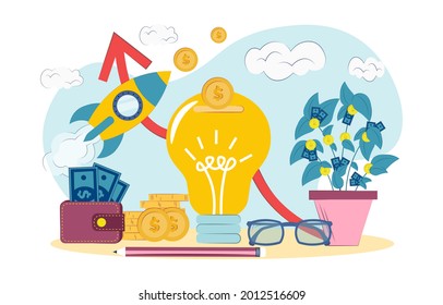 concept of financial contribution to innovation. Venture capital, investment, financing, big profit, gold coins, startup, money growth. Vector flat illustration 
