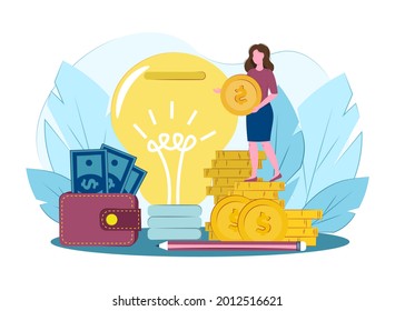 concept of financial contribution to innovation. Venture capital, investment, financing, big profit, gold coins, startup, money growth. Vector flat illustration.Business woman invests in new idea. 