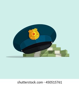 Concept of financial corruption, official law security, bribe, flat cartoon police hat covers pile of money vector illustration on blue background