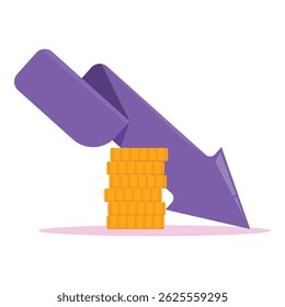 Concept of financial crisis with big arrow pointing down near a stack of coins