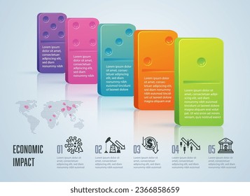 concept of financial crisis or economic impact, graphic of colourful dominos as business infographics