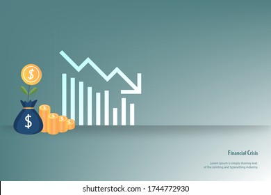 Concept of financial crisis, stack golden coins and money bag together with white bar chart and arrow are going down in green color background.