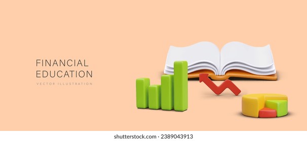 Concept of financial education. Opened book, business arrow up, bar graph, pie chart. Advertising of educational institution, courses, mentors. Horizontal layout with 3D illustration