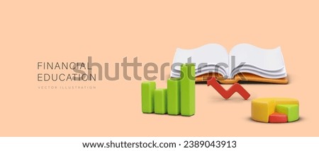 Concept of financial education. Opened book, business arrow up, bar graph, pie chart. Advertising of educational institution, courses, mentors. Horizontal layout with 3D illustration