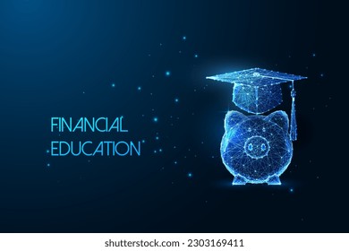 Concept of financial education, scholarship, student loan with piggy bank and graduation hat in futuristic glowing low polygonal style on blue background. Modern abstract design vector illustration.