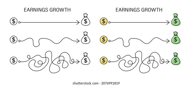 The concept of financial growth and increasing revenues. The path to more money. Financial success. The easy way or the hard way. Vector illustration isolated on white background.
