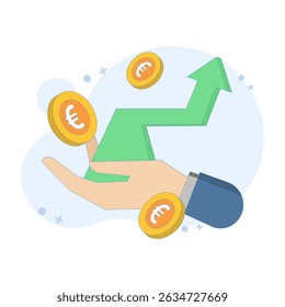 Concept of financial growth and return on investment. Hand holding arrow with euro coins. Up arrow, and coins. Financial investment. Economic trend or profit. Increasing profit.