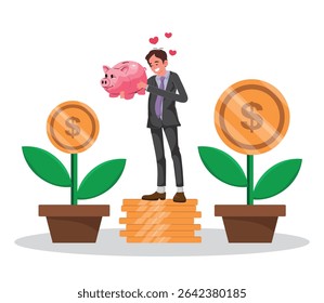 conceito de crescimento financeiro e poupança, homem abraçando um mealheiro completo. ilustração vetorial.