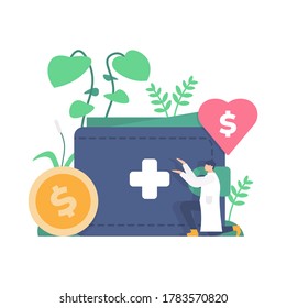the concept of financial health, financial consultants. illustration of a person in front of a large wallet, coins, and heart. flat design. can be used for elements, landing pages, UI, websites.