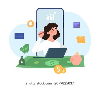 Concept of financial idea. Girl standing with tablet in her hands, trying to come up with project. Search for solutions. Analyst evaluates financial prospects of company. Cartoon vector illustration
