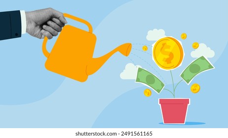 Concept of financial or investment growth. Wealth profit growth, earning increase,  increase earning profit and capital gain. Vector collage with hand of businessman watering growing money plant. 