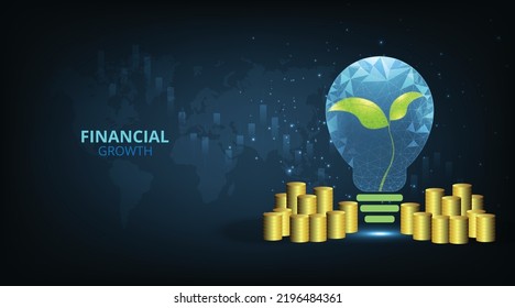Concept of financial investment growth.Vector Tree growth in bulb and gold coins with dark blue background.